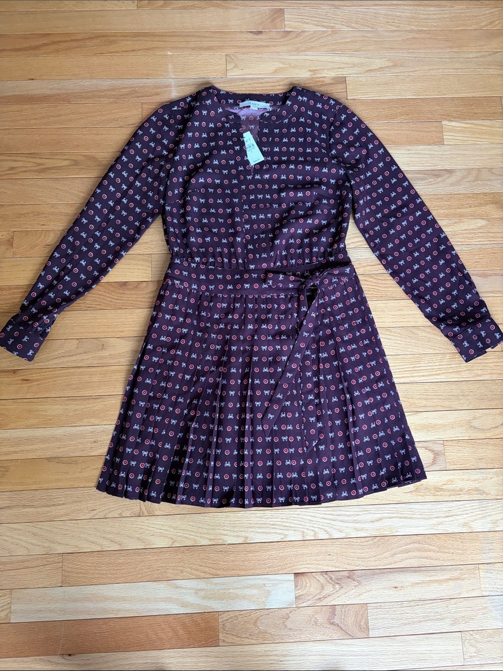 NWT LOFT Pleated Long-Sleeve Burgundy Floral Belted Dress